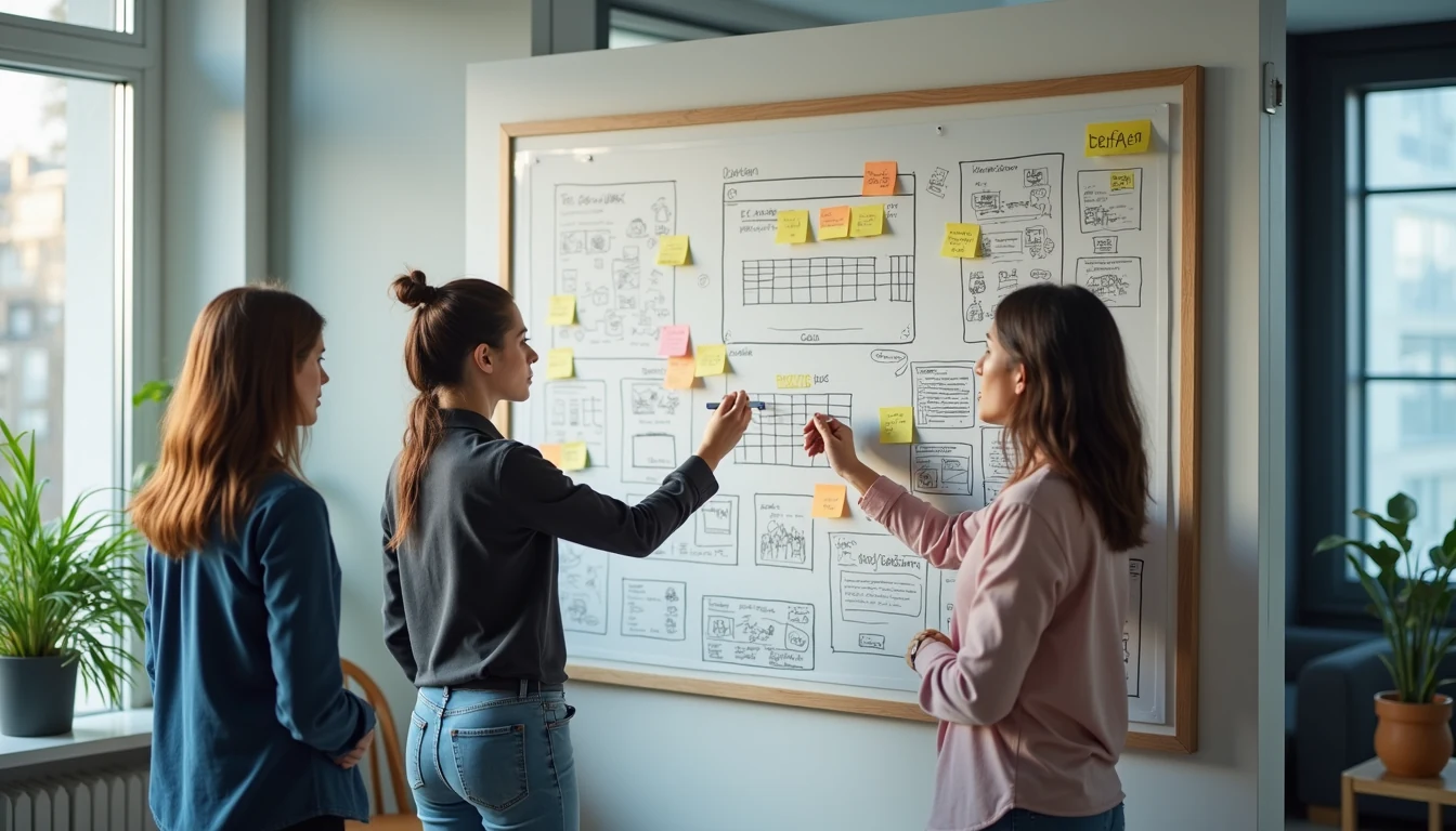 Web tasarım ajansı ekibi beyaz tahtada wireframe çizimleri yapıyor