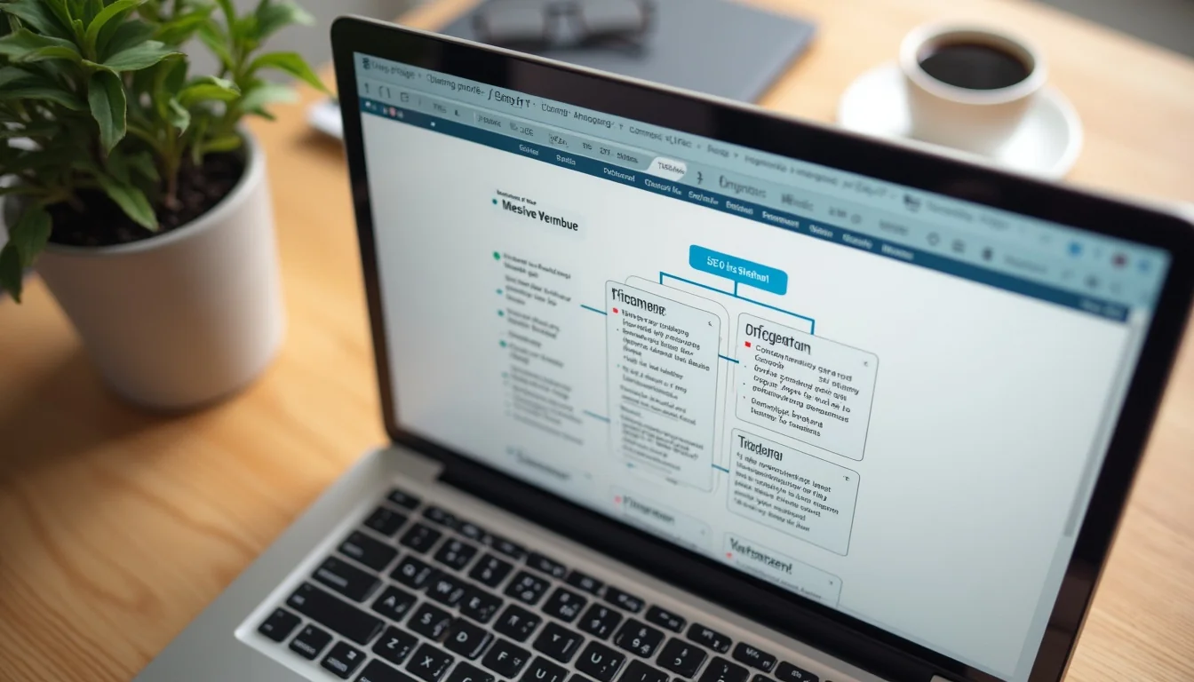 SEO audit icin site haritasi ve ic link analizi - laptop uzerinde sitemap diagrami
