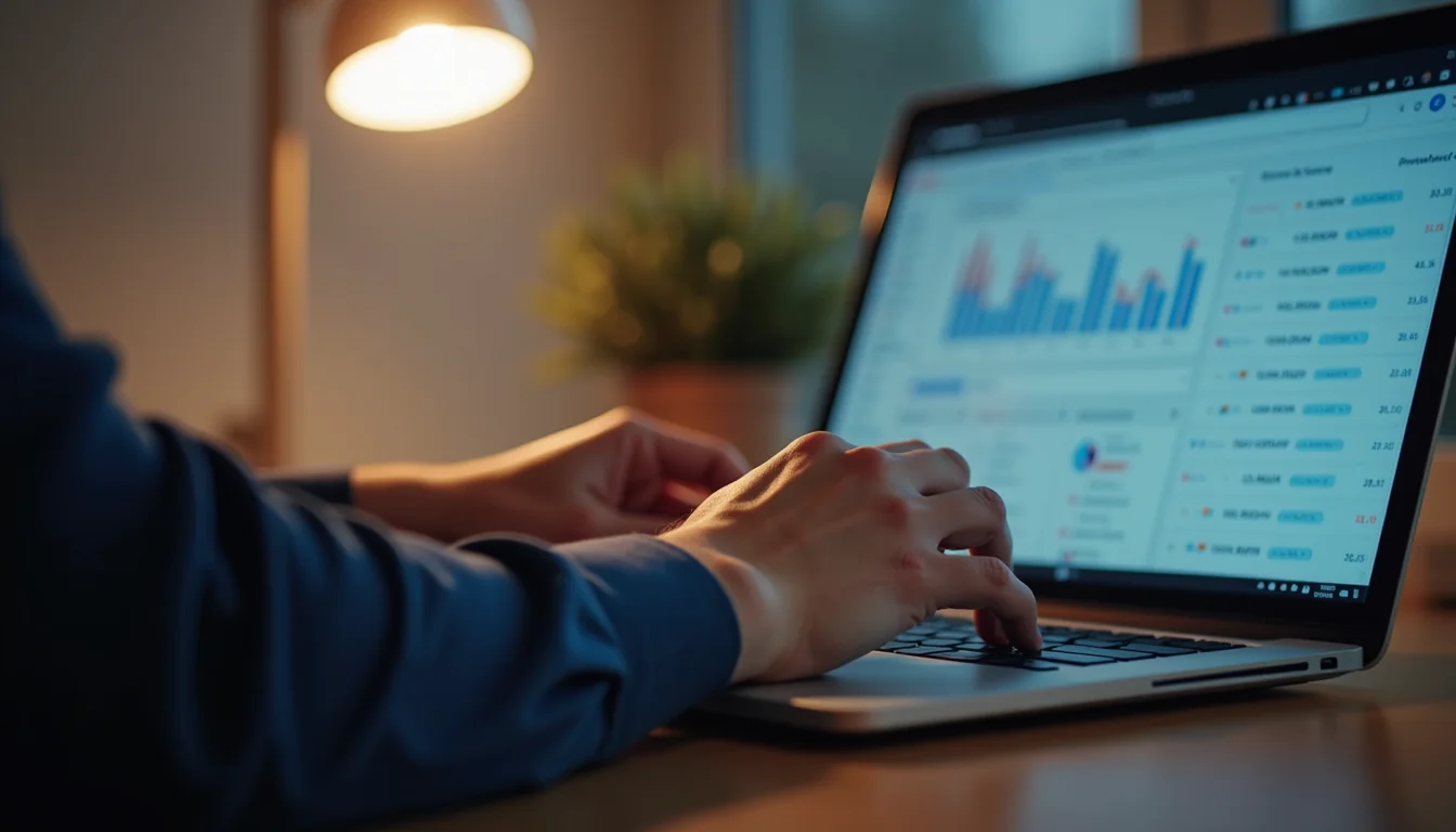 SEO uzmanı laptop başında Google Search Console üzerinden arama performansı ve anahtar kelime pozisyonlarını inceliyor